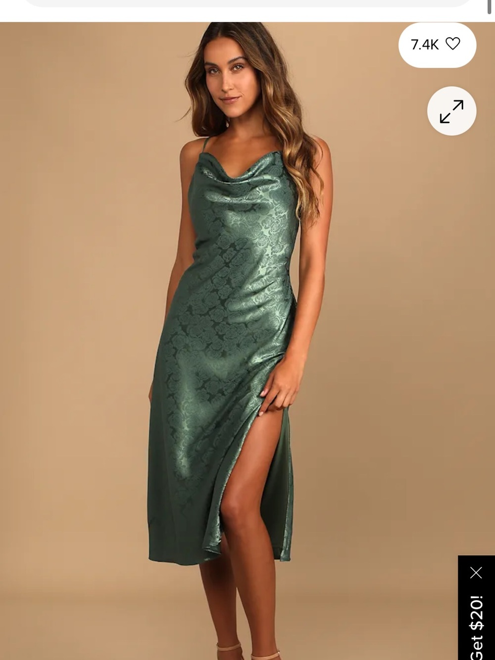 Lulu's Satin Jacquard Cowl Neck Midi Dress in Deep Green